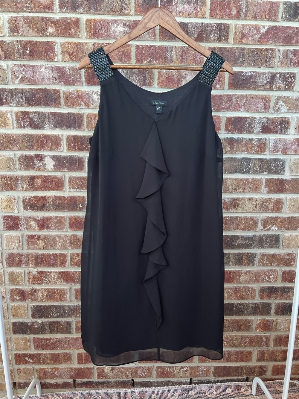 S. Levine Black Chiffon Rhinestone Strap Cascade Ruffle Cocktail Dress Size 12